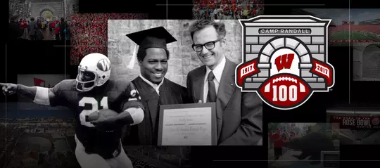 Photo collage of images of Wisconsin football player Rufus Ferguson with the Camp Randall 100 logo