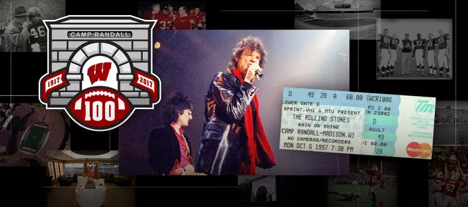 Photo collage of images of The Rolling Stones incluing a ticket from the 1994 concert and the Camp Randall 100 logo