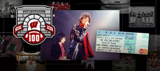 Photo collage of images of The Rolling Stones incluing a ticket from the 1994 concert and the Camp Randall 100 logo