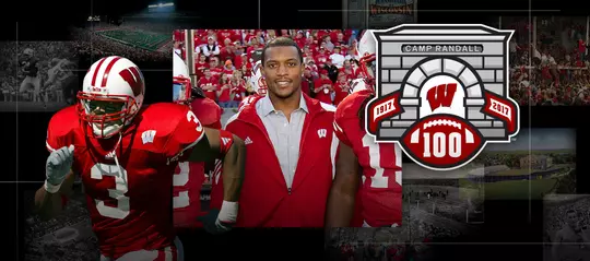 Photo collage of images of Wisconsin football player Lee Evans with the Camp Randall 100 logo