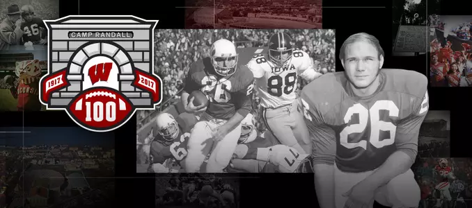 Photo collage of images of Wisconsin football player Billy Marek with the Camp Randall 100 logo