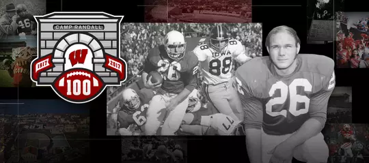 Photo collage of images of Wisconsin football player Billy Marek with the Camp Randall 100 logo