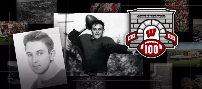 Photo collage of images of Wisconsin football player Jug Girard with the Camp Randall 100 logo