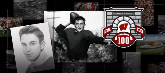 Photo collage of images of Wisconsin football player Jug Girard with the Camp Randall 100 logo