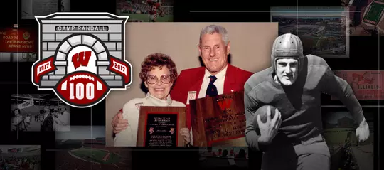 Photo collage of images of former Wisconsin football player and athletic director Elroy Hirsch and the Camp Randall 100 logo