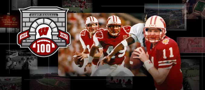Photo collage of images of Wisconsin football quarterback Darrell Bevell with the Camp Randall logo