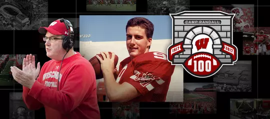 Photo collage of images of Wisconsin football coach and former player Paul Chryst and the Camp Randall 100 logo