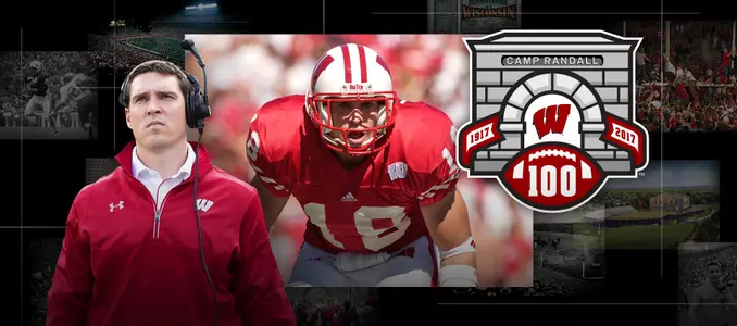 Photo collage of images of Wisconsin football player and defensive coach Jim Leonhard with the Camp Randall 100 logo