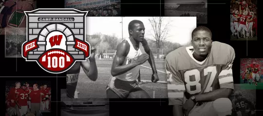 Photo collage of images of Wisconsin football player and track athlete Al Toon with the Camp Randall 100 logo