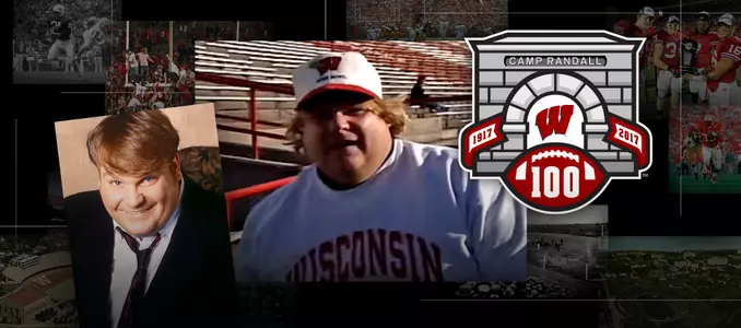Photo collage of actor and comedian Chris Farley and the Camp Randall 100 logo. Chris is wearing a Wisconsin sweatshirt and hat in one of the photos.