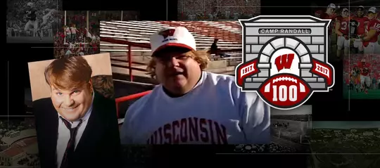 Photo collage of actor and comedian Chris Farley and the Camp Randall 100 logo. Chris is wearing a Wisconsin sweatshirt and hat in one of the photos.