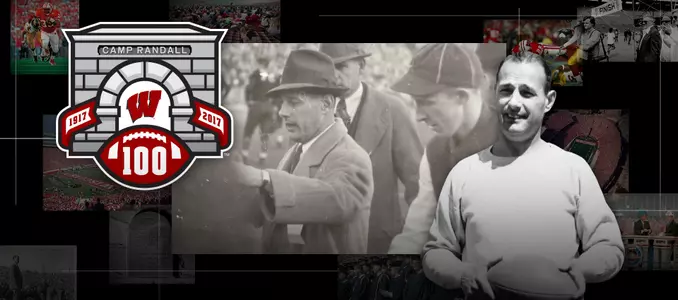 Photo collage of images of former Wisconsin football coach Harry Stuhldreher and the Camp Randall 100 logo