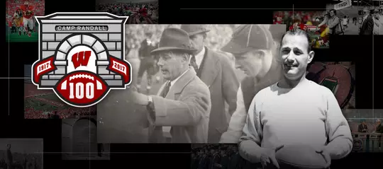 Photo collage of images of former Wisconsin football coach Harry Stuhldreher and the Camp Randall 100 logo