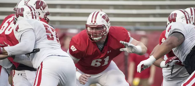 Photo of Tyler Biadasz #61 and offensive line during the 2017 spring football game
