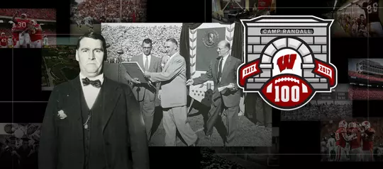 Photo collage of images of former Wisconsin track & field coach Tom Jones with Camp Randall 100 logo