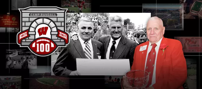 Photo collage of images of Butch Strickler, a former UW student-athlete and founder of the Butch's Bologna Bash fundraising event, with the Camp Randall 100 logo.