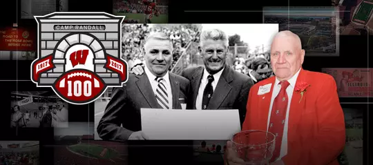 Photo collage of images of Butch Strickler, a former UW student-athlete and founder of the Butch's Bologna Bash fundraising event, with the Camp Randall 100 logo.