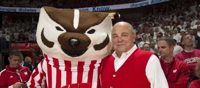 Photo of Bucky Badger and Barry Alvarez