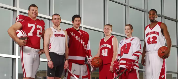 Photo of Joe Thomas, Chris Solinsky, Alando Tucker, Sara Bauer, Brian Elliot, Jolene Anderson 2006-2007 select student-athletes group