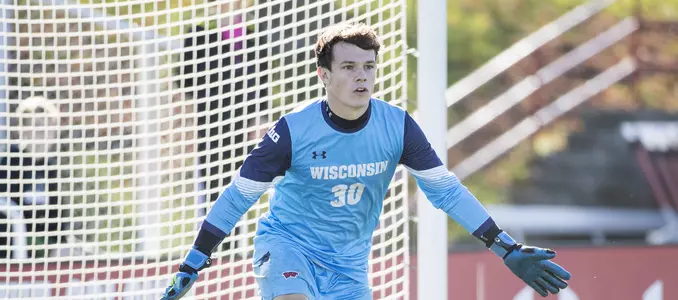 Photo of Phillip Schilling goaltending during men's soccer game vs. Ohio State 2016