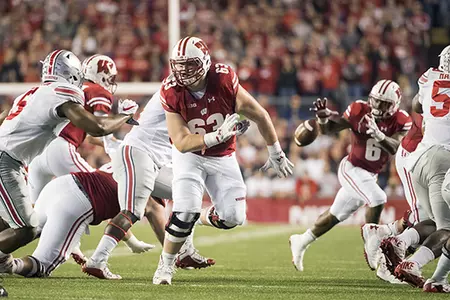 Photo of Michael Dieter blocking off the offensive line during football game vs. Ohio State 2016