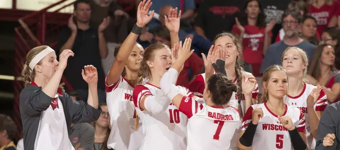 Amber MacDonald slaps the hands of her fellow teammates on the Badger bench.