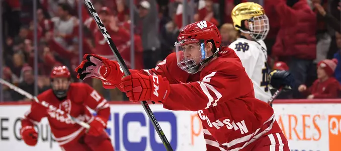 Wyatt Kalynuk celebrates against Notre Dame at the United Center in Chicago