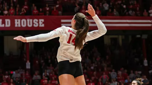 Madison Duello goes up for a kill against Rutgers