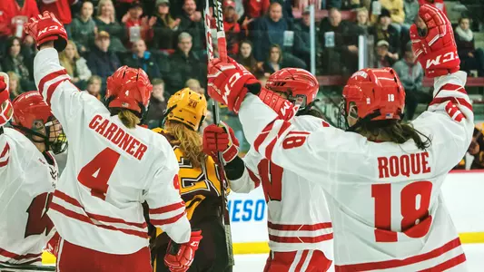 Women's hockey celebrates a goal against Minnesota