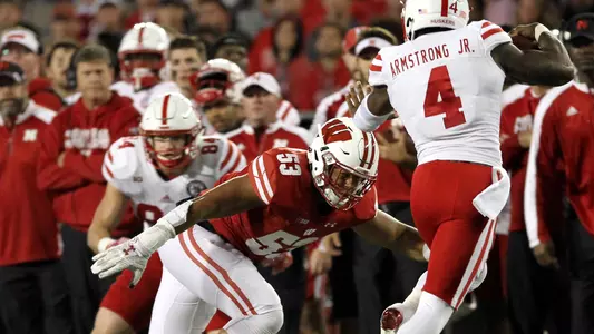 T.J. Edwards tackles a Nebraska football player during a football game between Wisconsin and Nebraska in Lincoln, Neb. during the 2017 season.