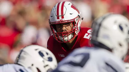 Wisconsin Badgers's Zack Baun lines up against BYU. University of Wisconsin-Madison football team faces BYU at Camp Randall Field, September 15, 2018 in Madison Wisconsin.Photo by Tom Lynn/Wisconsin Athletic Communications