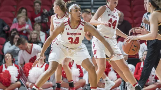 Imanai Lewis plays defense against UW-Oshkosh