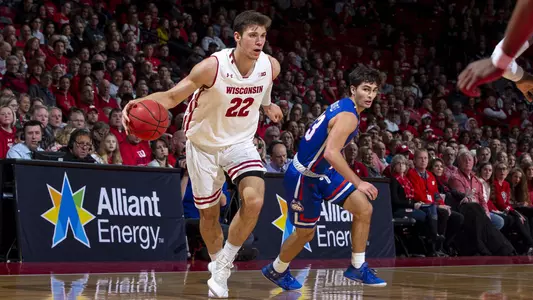 Wisconsin Badgers forward Ethan Happ (22) takes on the Houston Baptist in a NCAA mens Basketball game in Madison Wisconsin.Photo by Tom Lynn/Wisconsin Athletic Communications
