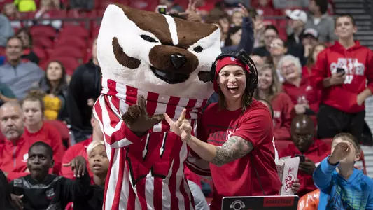 DJ Shawna aka Shawna Nicols with Bucky Badger at Wisconsin men's basketball Red/White Scrimmage 2018 at the Kohl Center