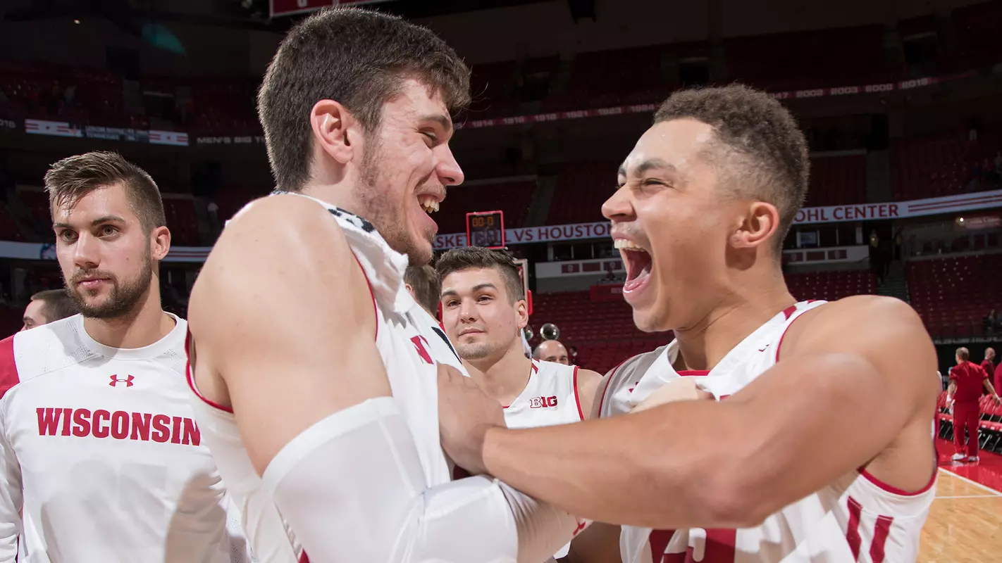 Ethan Happ celebrates his triple-double against Coppin State