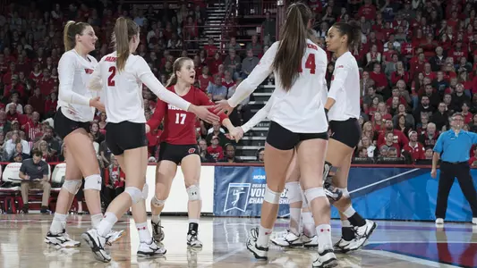 The Badgers celebrate a point on the court.