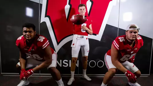 MADISON, WI - June 9: Logan Brown, Graham Mertz and Joe Tippmann poses for a photo durning official visits for the University of Wisconsin Football program June 9th, 2018 at the Camp Randall Stadium in Madison, WI. (Photo by Dan Sanger/Wisconsin Athletic Communications)