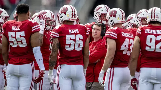 Wisconsin Badgers Defensive Coordinator/DBs coach Jim Leonhard watches the replay on the scoreboard after a turnover during an college football game between the New Mexico Lobos and the Wisconsin Badgers on September 8th, 2018 at the Camp Randall Stadium in Madison, WI. Wisconsin defeats New Mexico 45-14. (Photo by Dan Sanger/Icon Sportswire)