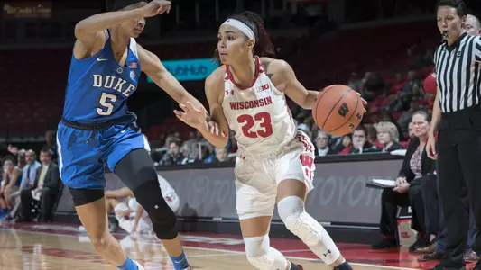 Jasmine Hale drives around a Duke defender.