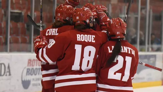 Badgers celebrate one of their goals against SCSU