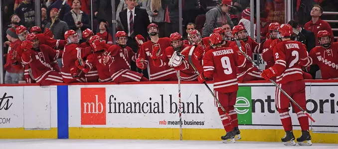 Men's hockey bench celebrates a goal