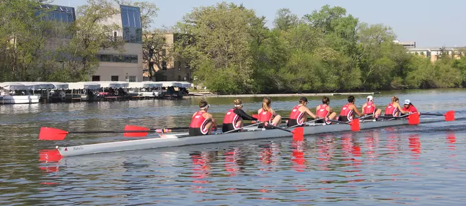 Varsity eight on Lake Mendota by Porter Boathouse