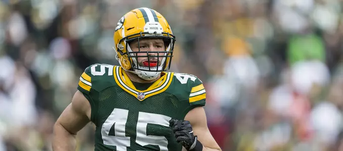 December 3, 2017: Former Wisconsin Badger now Green Bay Packers outside linebacker Vince Biegel #45 during the NFL Football game between the Tampa Bay Buccaneers and the Green Bay Packers at Lambeau Field in Green Bay, WI. Packers defeated the Buccaneers in overtime 26-20. John Fisher/CSM(Credit Image: © Cal Sport Media)