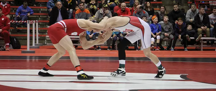 Wrestling vs. Indiana 2017-2018 two wrestlers grapple in UW Field House