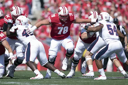 Wisconsin Badgers offensive lineman Jason Erdmann (78) during an NCAA College Football game against the Florida Atlantic Owls Saturday, September 9, 2017, in Madison, Wis. The Badgers won 31-14. (Photo by David Stluka)