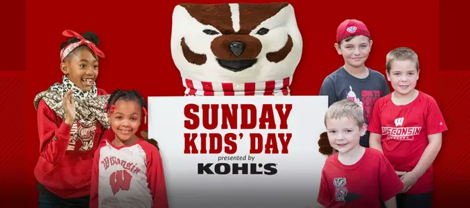 Sunday Kid's Day headline image. Bucky Badger with kids and the Kohl's store logo.