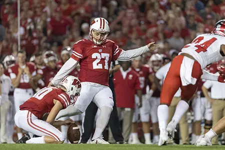 Wisconsin Badgers kicker Rafael Gaglianone (27) kicks a field goal during an NCAA college football game against the Western Kentucky Hilltoppers Friday, August 31, 2018, in Madison, Wisconsin. The Badgers won 34-3. (Photo by David Stluka)