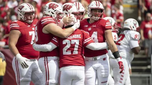 Wisconsin Badgers kicker Rafael Gaglianone (27) celebrates with teammates during an NCAA college football game against the New Mexico Lobos Saturday, September 8, 2018, in Madison, Wisconsin. The Badgers won 45-14. (Photo by David Stluka)