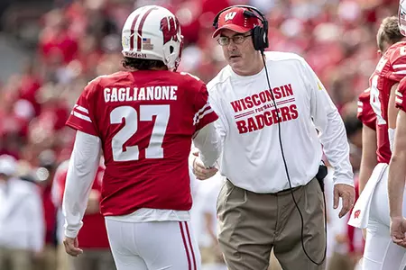 MADISON, WI - SEPTEMBER 08: Wisconsin Badgers Head Coach Paul Chryst congratulates Wisconsin Badgers kicker Rafael Gaglianone (27) after a made field goal during an college football game between the New Mexico Lobos and the Wisconsin Badgers on September 8th, 2018 at the Camp Randall Stadium in Madison, WI. Wisconsin defeats New Mexico 45-14. (Photo by Dan Sanger/Icon Sportswire)