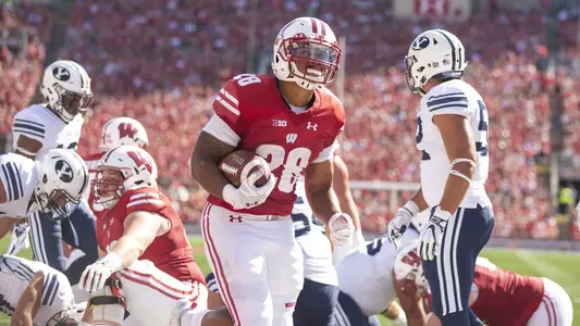 Wisconsin Badgers's Taiwan Deal scores a touchdown against BYU. University of Wisconsin-Madison football team faces BYU at Camp Randall Field, September 15, 2018 in Madison Wisconsin.Photo by Tom Lynn/Wisconsin Athletic Communications